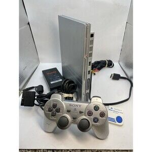 Sony Playstation 2 PS2 Slim Silver Console Bundle OEM Silver Controller Tested